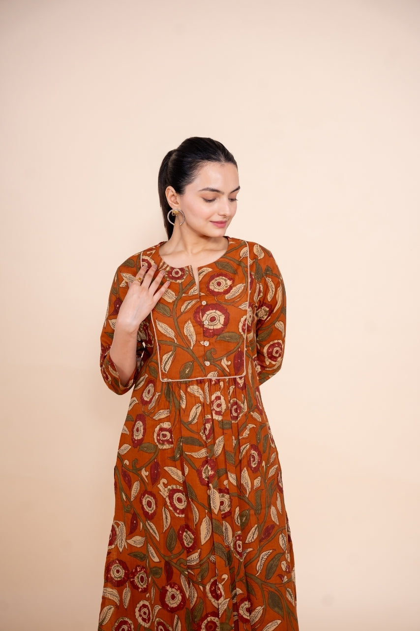 Women rust floral designer printed cotton co-ord set lounge wear, front view 4