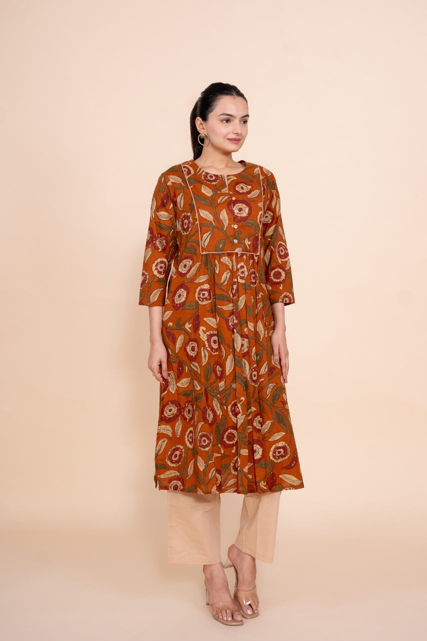 Women rust floral designer printed cotton co-ord set lounge wear, front view 5