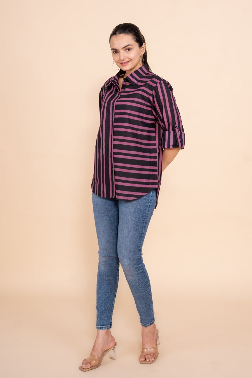 Women Pure Cotton black pink stripes printed relaxed fit shirt, side view