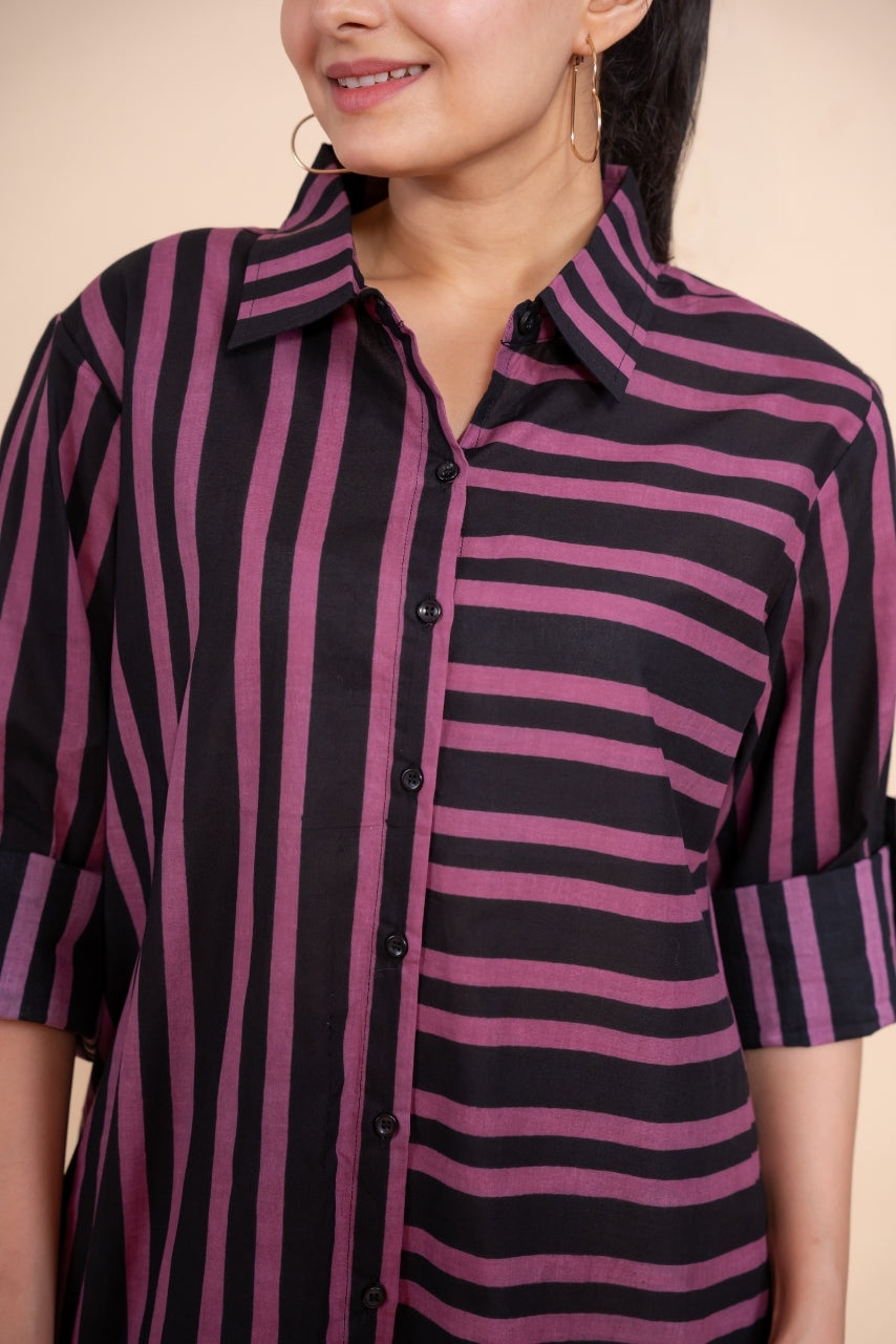 Women Pure Cotton black pink stripes printed relaxed fit shirt, detailed view