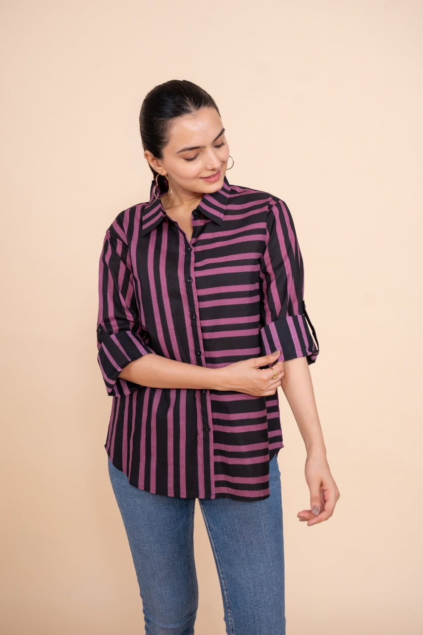 Women Pure Cotton black pink stripes printed relaxed fit shirt, front view