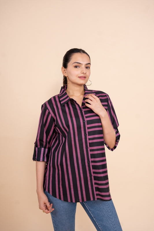 Women Pure Cotton black pink stripes printed relaxed fit shirt, front view 3
