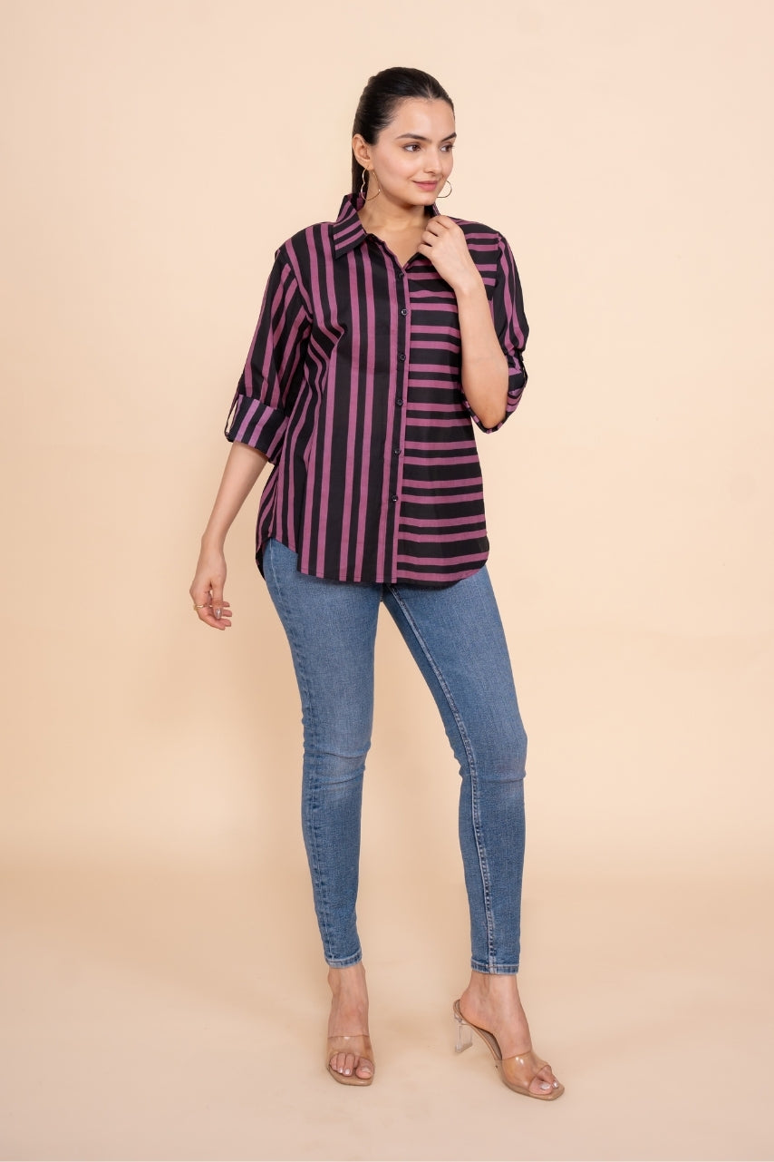 Women Pure Cotton black pink stripes printed relaxed fit shirt, front view 4
