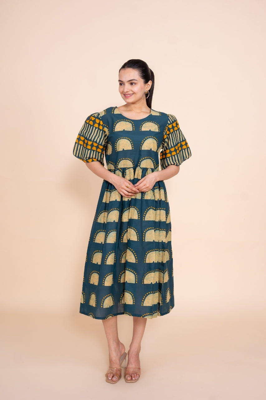 Ekisha's women blue multicolor floral designer printed pure cotton midi dress, front view