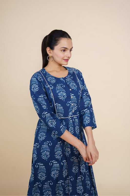 Women blue floral designer printed cotton co-ord set lounge wear, side detailed view