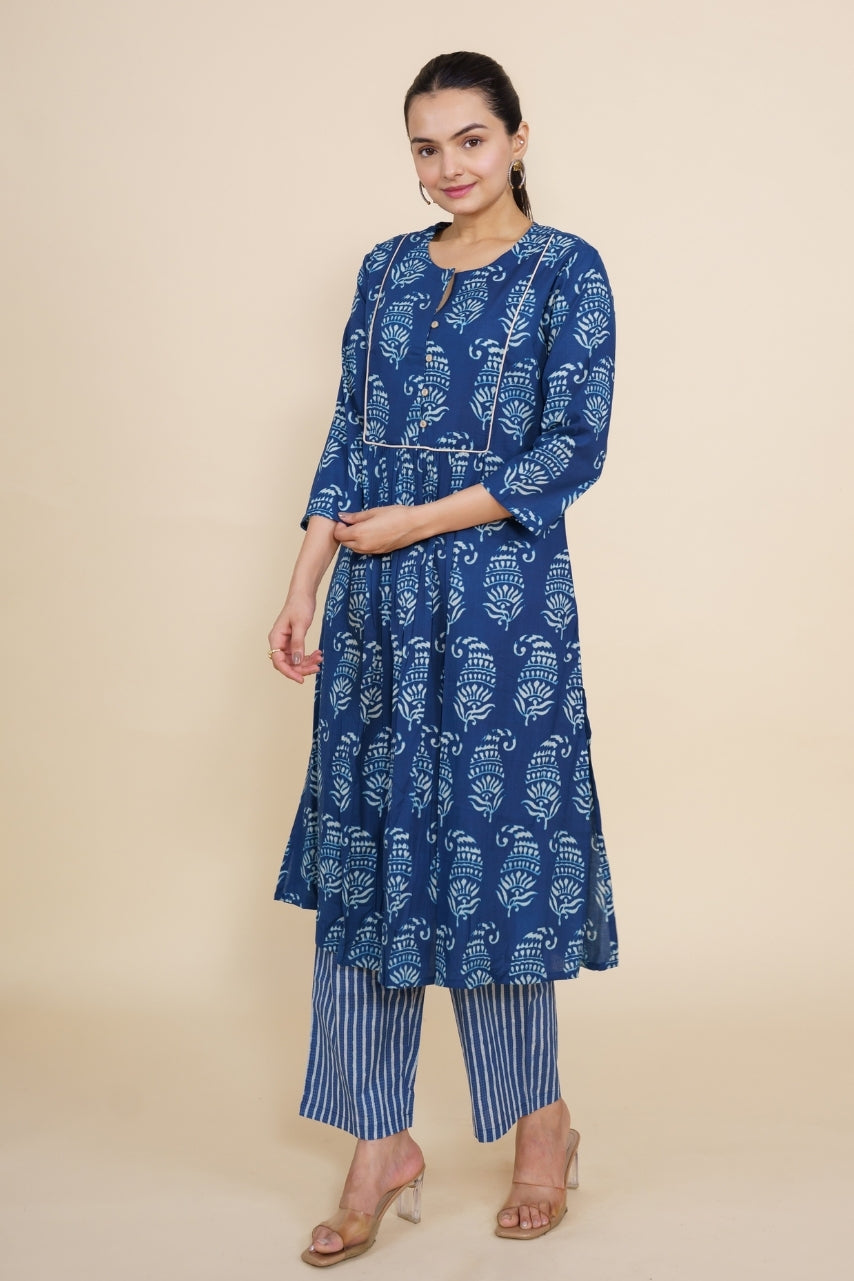 Women blue floral designer printed cotton co-ord set lounge wear, side detail