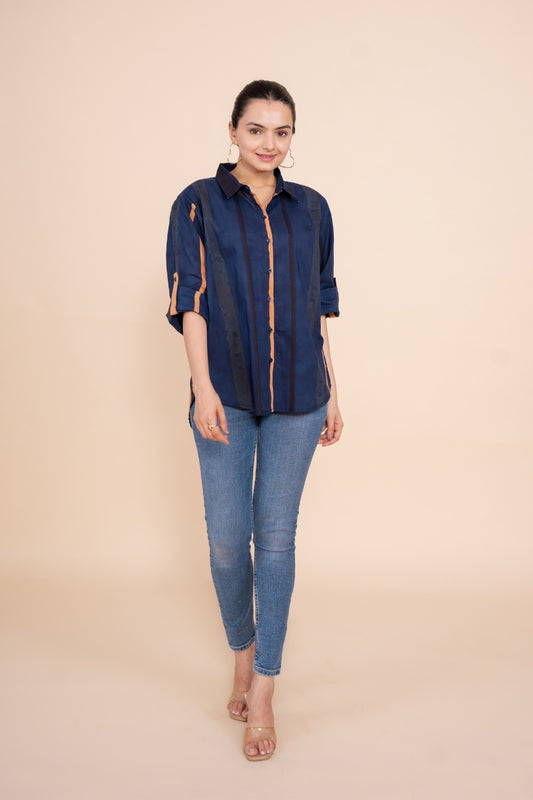 Women Pure Cotton Multicolor stripes printed relaxed fit shirt, front view