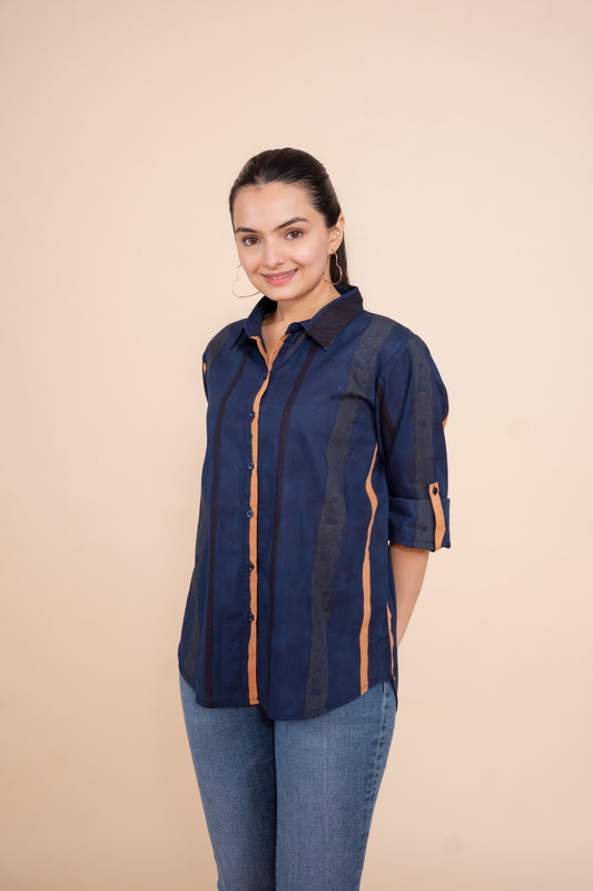 Women Pure Cotton Multicolor stripes printed relaxed fit shirt, side view