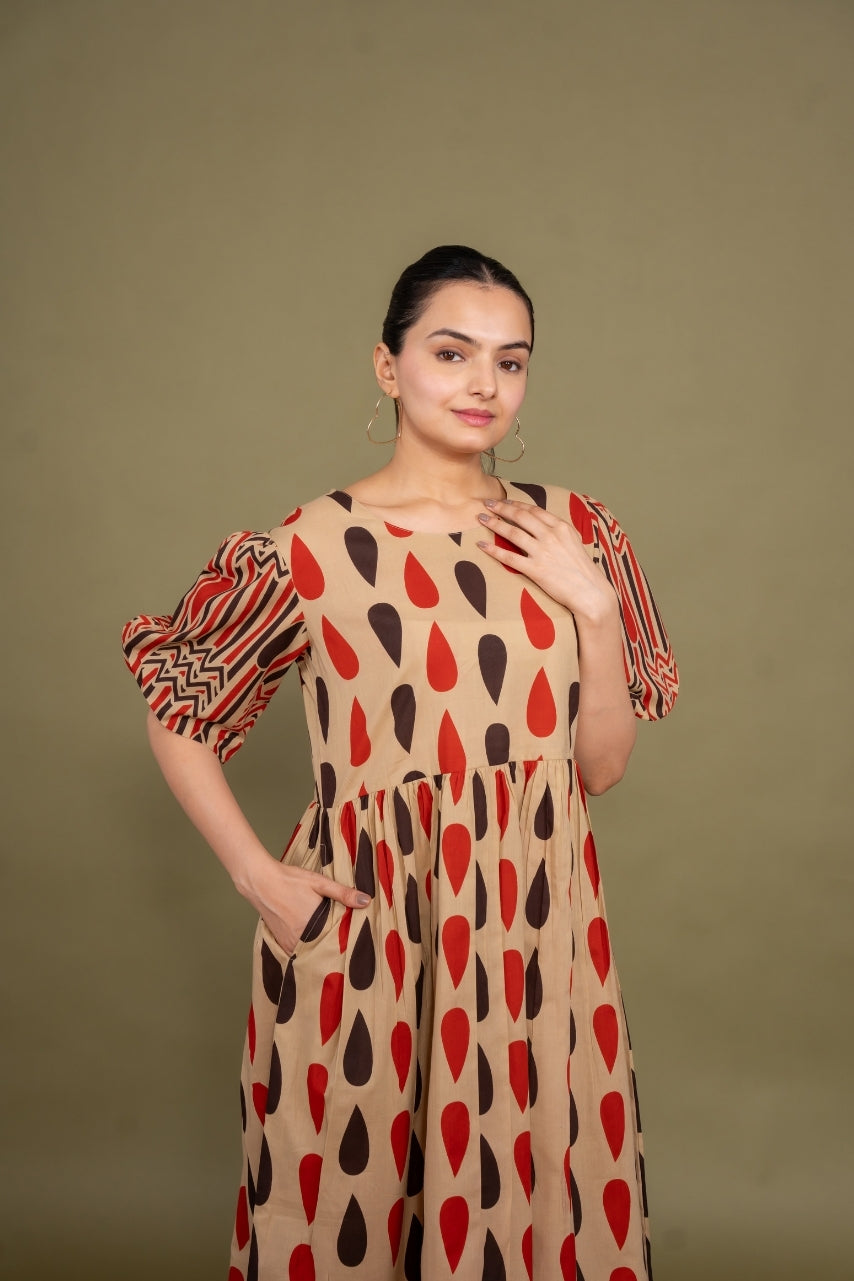 Women printed multicolor abstract designer pure cotton midi dress, front view