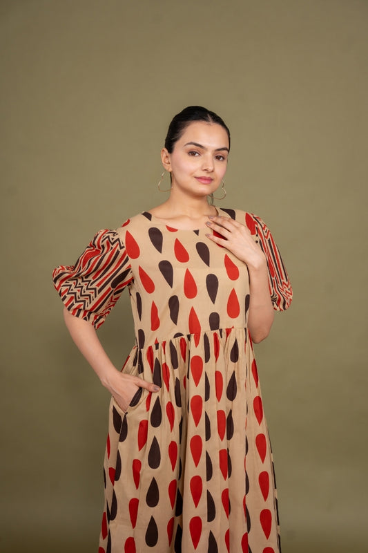 Women printed multicolor abstract designer pure cotton midi dress, front view