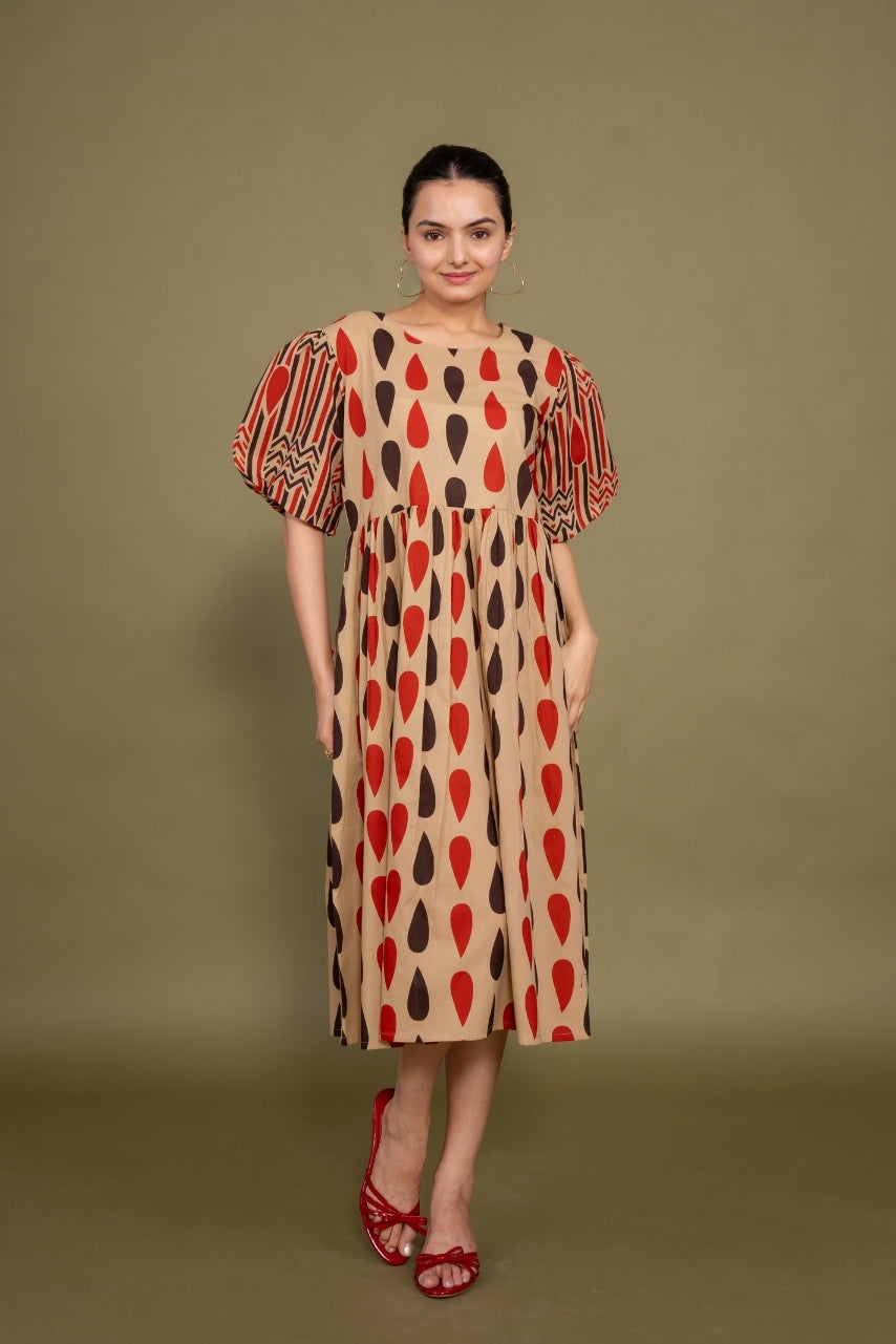 Women printed multicolor abstract designer pure cotton midi dress, front view 2