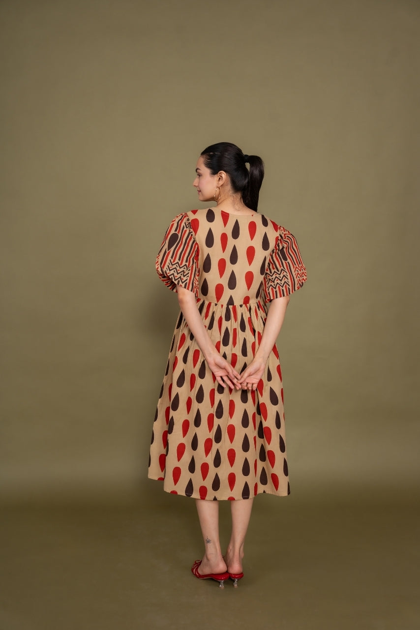 Women printed multicolor abstract designer pure cotton midi dress, back view