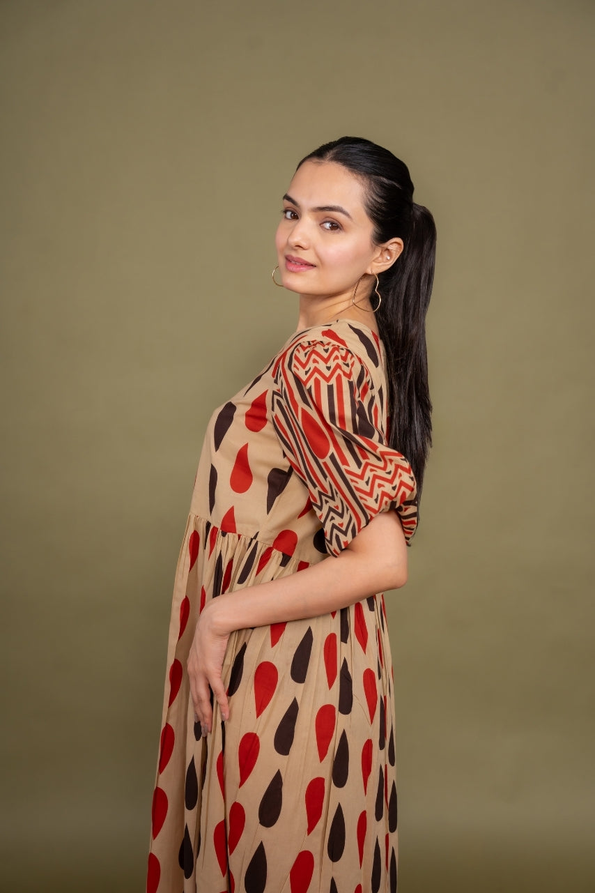 Women printed multicolor abstract designer pure cotton midi dress, side view