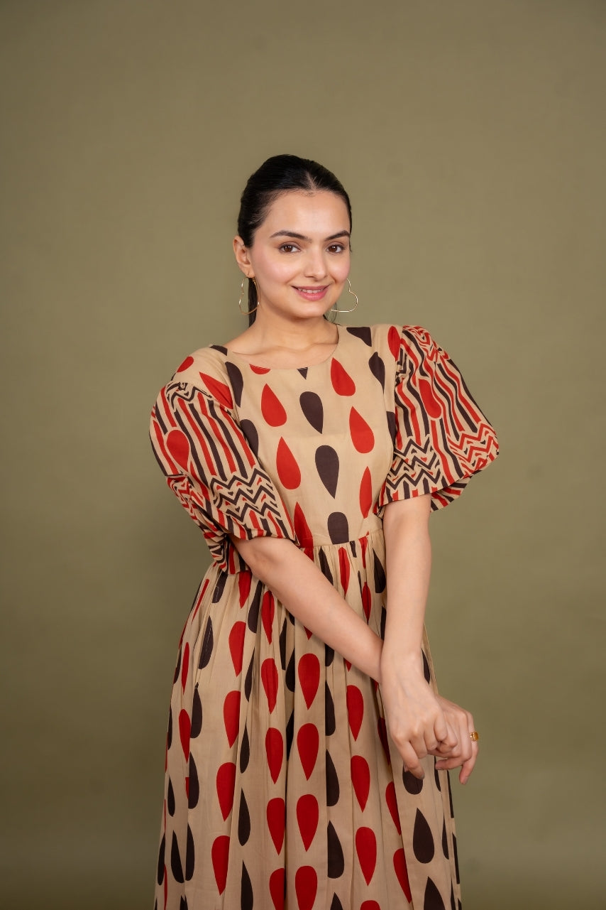 Women printed multicolor abstract designer pure cotton midi dress, front view 3