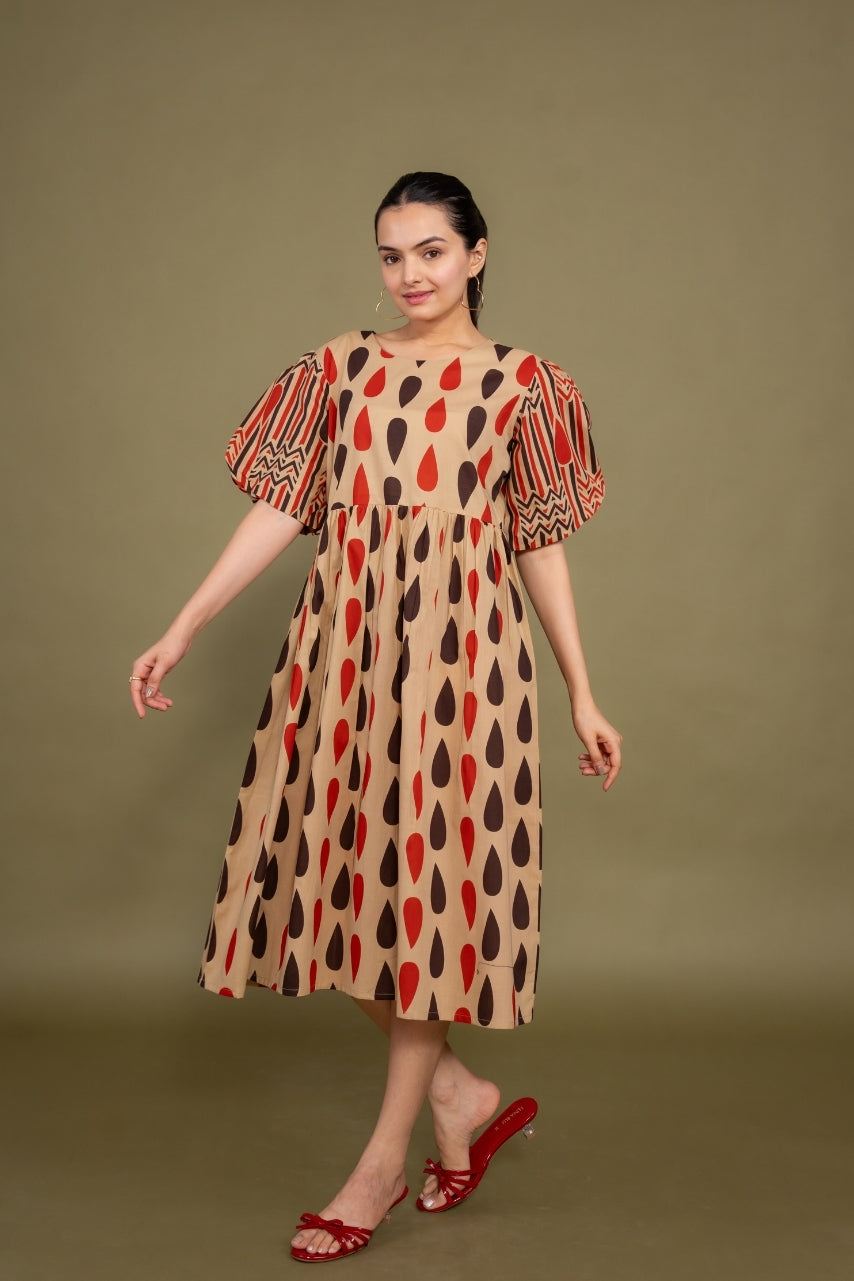 Women printed multicolor abstract designer pure cotton midi dress, front view 4