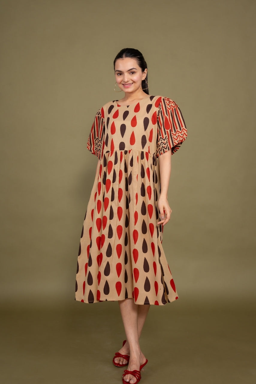 Women printed multicolor abstract designer pure cotton midi dress, front view 5