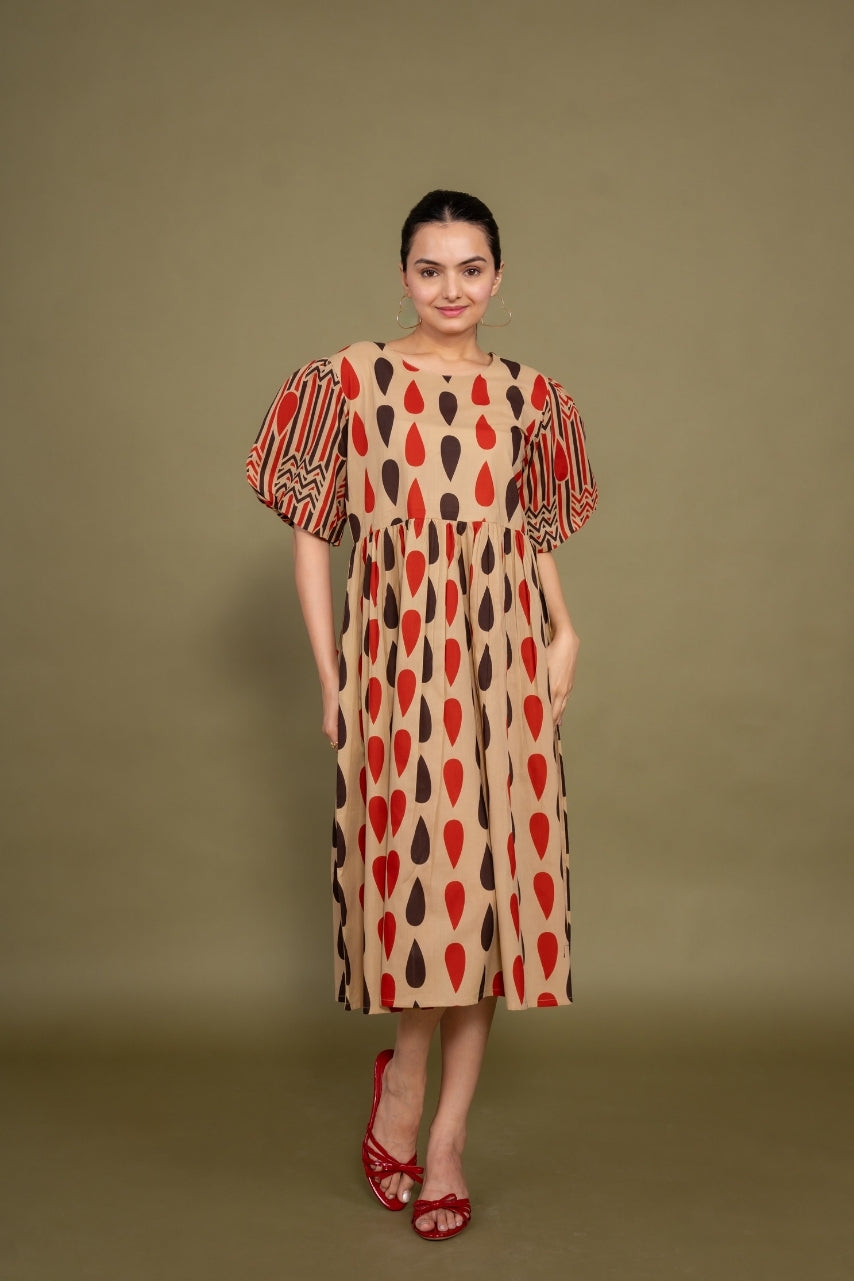 Women printed multicolor abstract designer pure cotton midi dress, front view 6