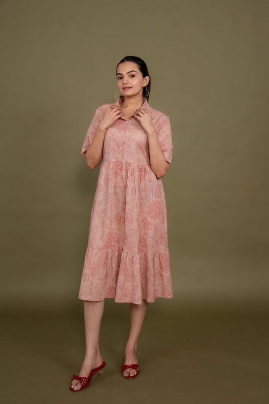 Women printed pink floral designer pure cotton midi dress, front view