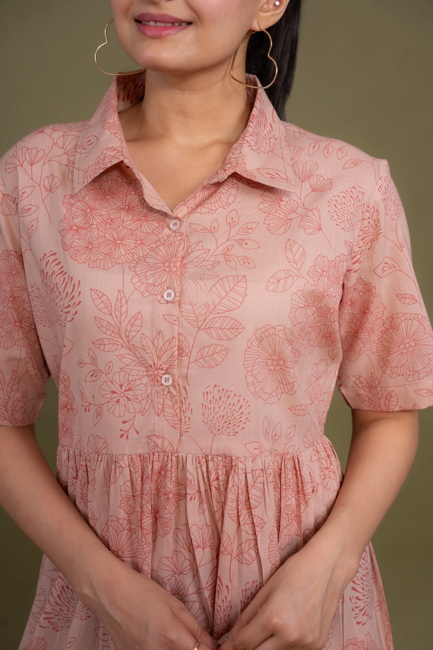 Women printed pink floral designer pure cotton midi dress, detailed view