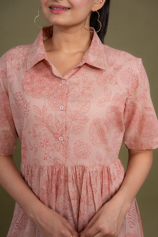 Women printed pink floral designer pure cotton midi dress, detailed view