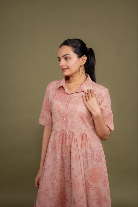 Women printed pink floral designer pure cotton midi dress, front view 2