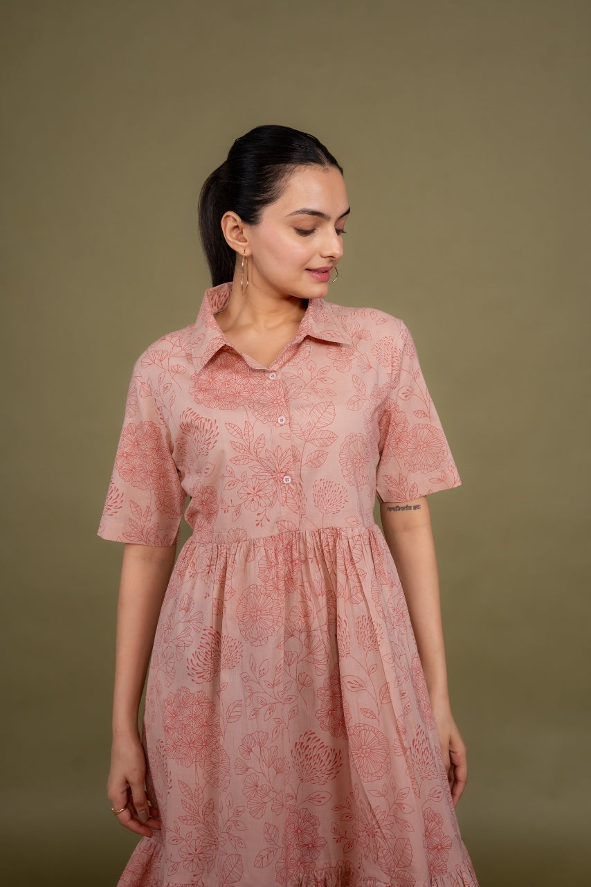 Women printed pink floral designer pure cotton midi dress, front view 3