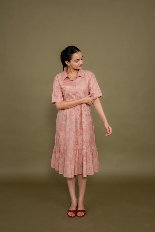 Women printed pink floral designer pure cotton midi dress, front view 4