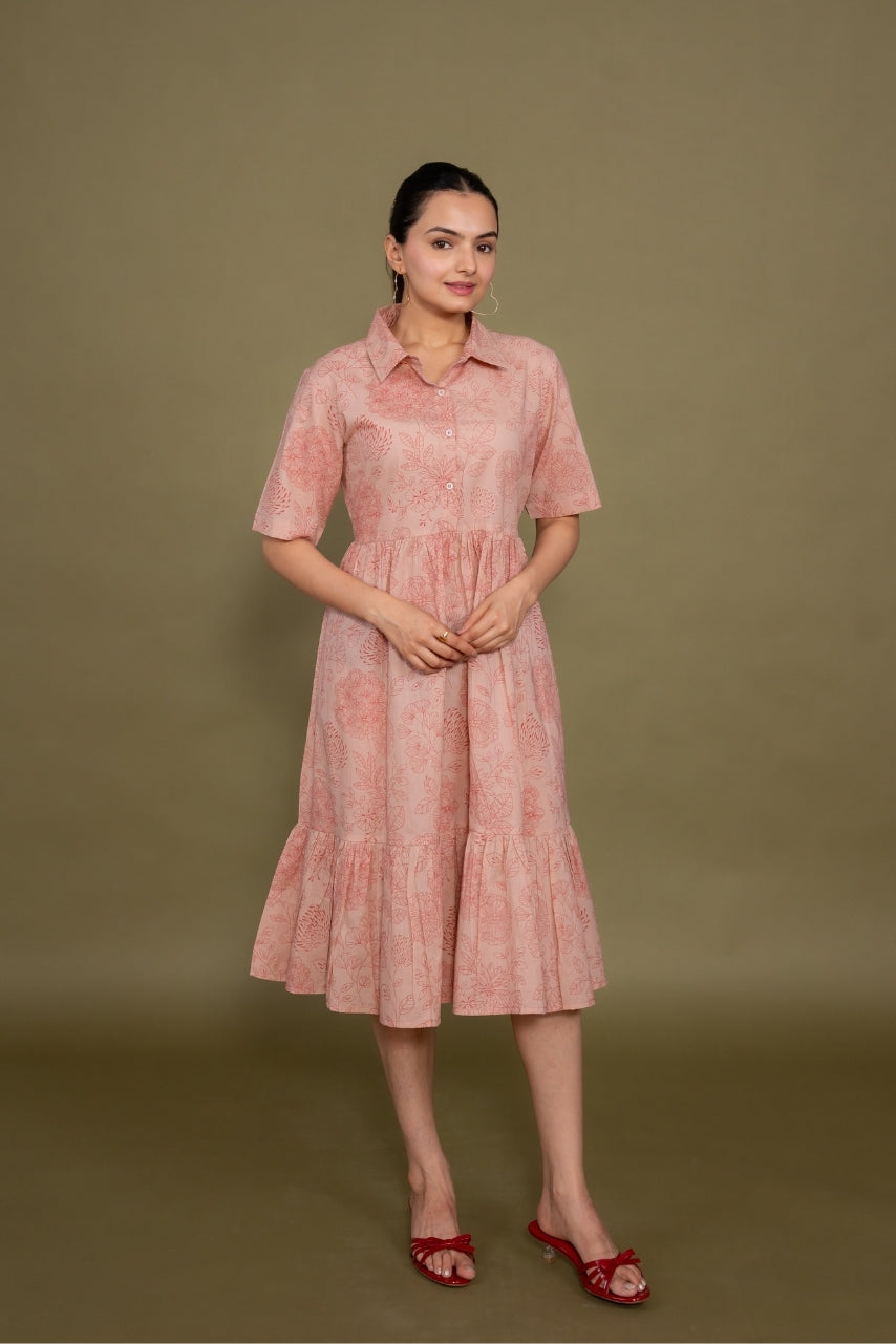 Women printed pink floral designer pure cotton midi dress, front view 5