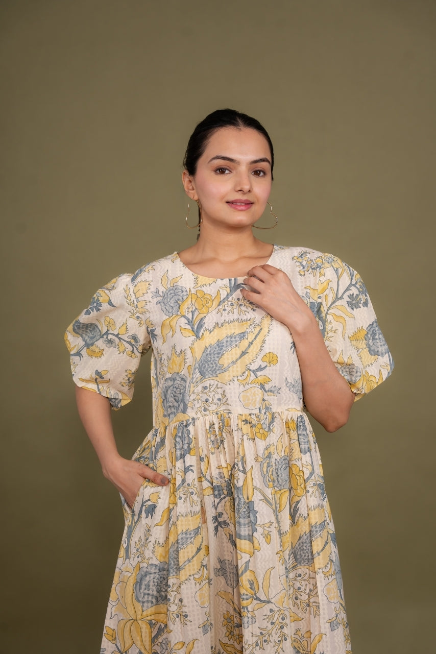 Ekisha's women cream multicolor floral printed pure cotton midi dress, detailed view