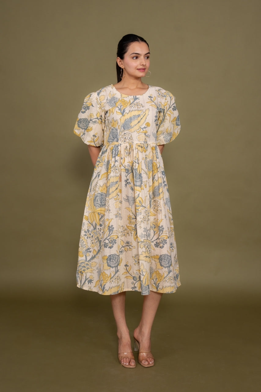 Ekisha's women cream multicolor floral printed pure cotton midi dress, front view