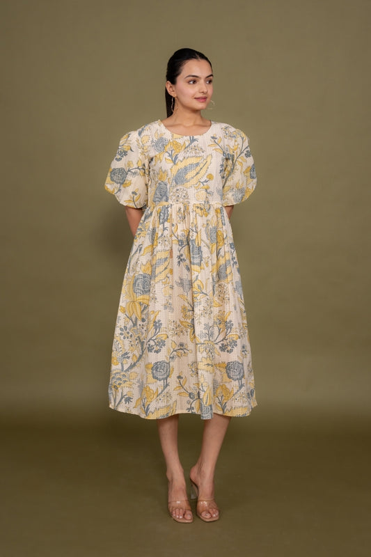 Ekisha's women cream multicolor floral printed pure cotton midi dress, front view