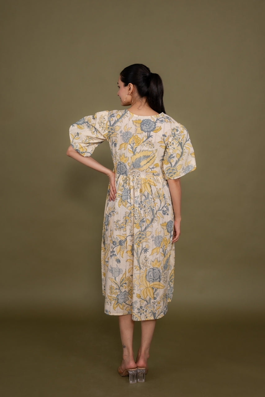 Ekisha's women cream multicolor floral printed pure cotton midi dress, back view