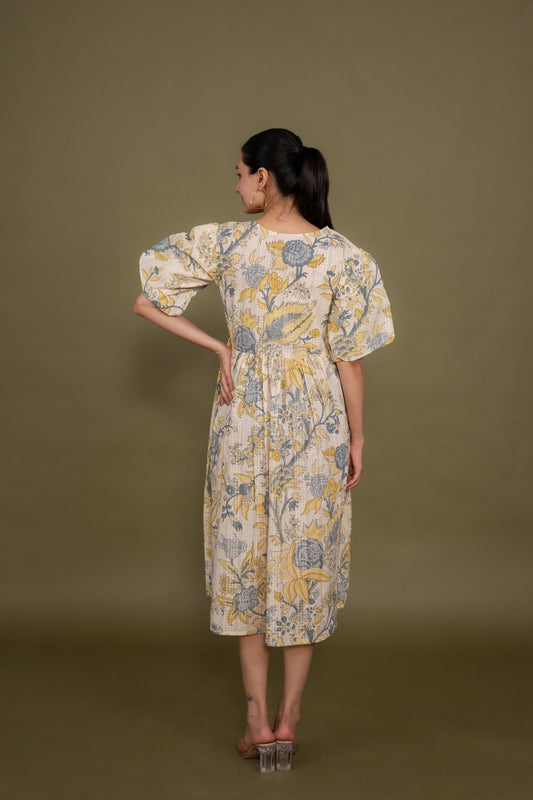 Ekisha's women cream multicolor floral printed pure cotton midi dress, back view