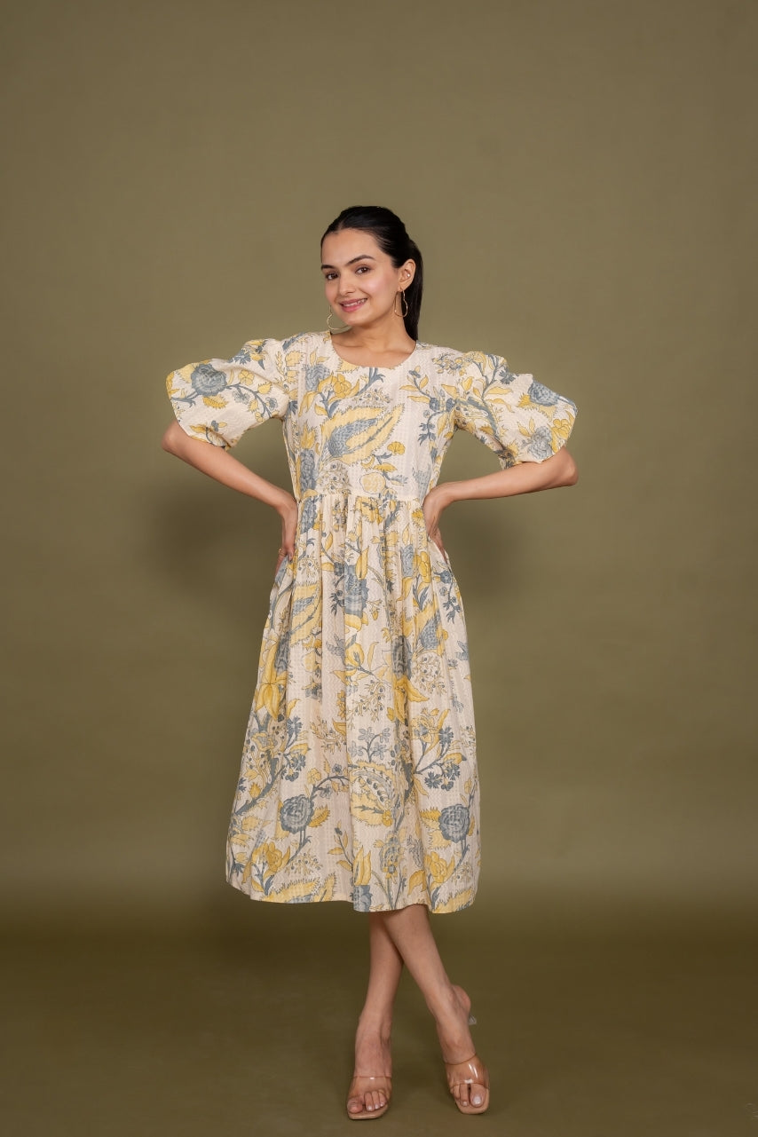 Ekisha's women cream multicolor floral printed pure cotton midi dress, front view 3