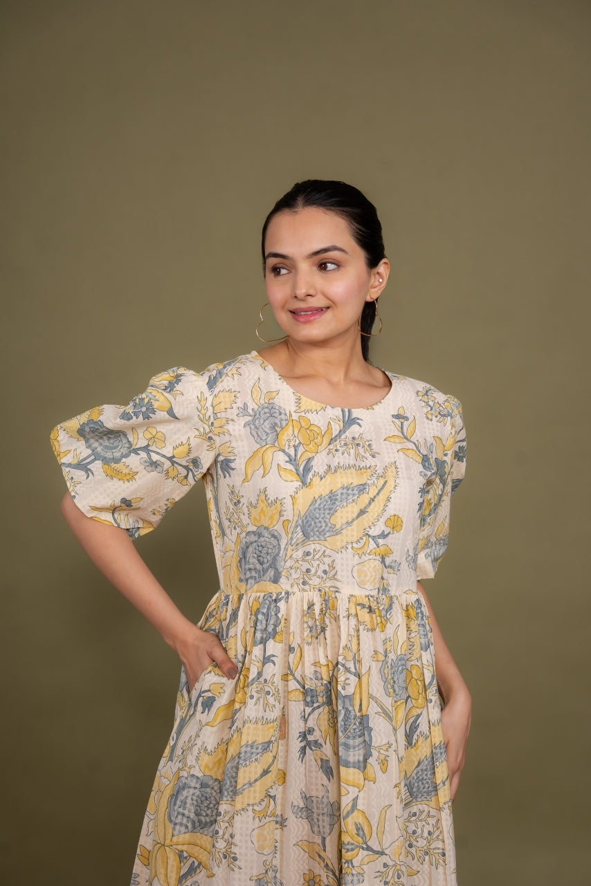 Ekisha's women cream multicolor floral printed pure cotton midi dress, front view 5