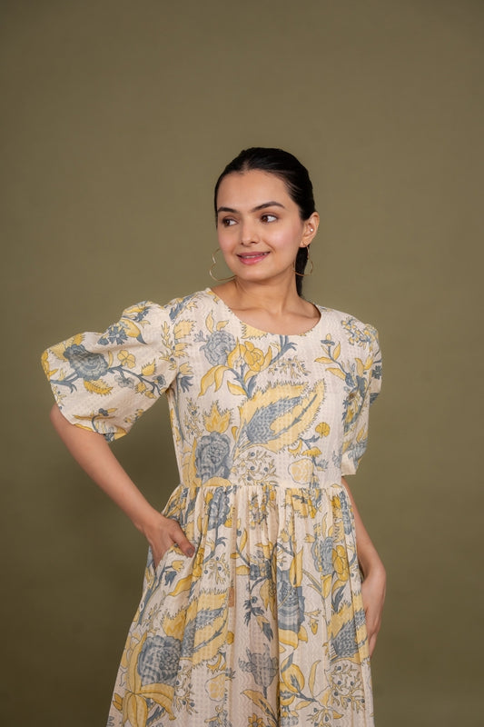 Ekisha's women cream multicolor floral printed pure cotton midi dress, front view 5