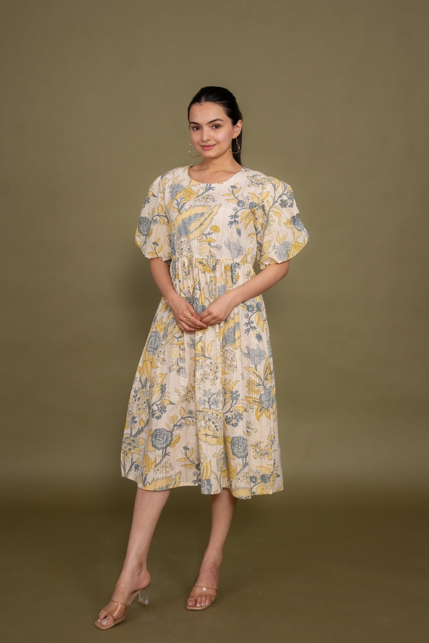 Ekisha's women cream multicolor floral printed pure cotton midi dress, front view 6