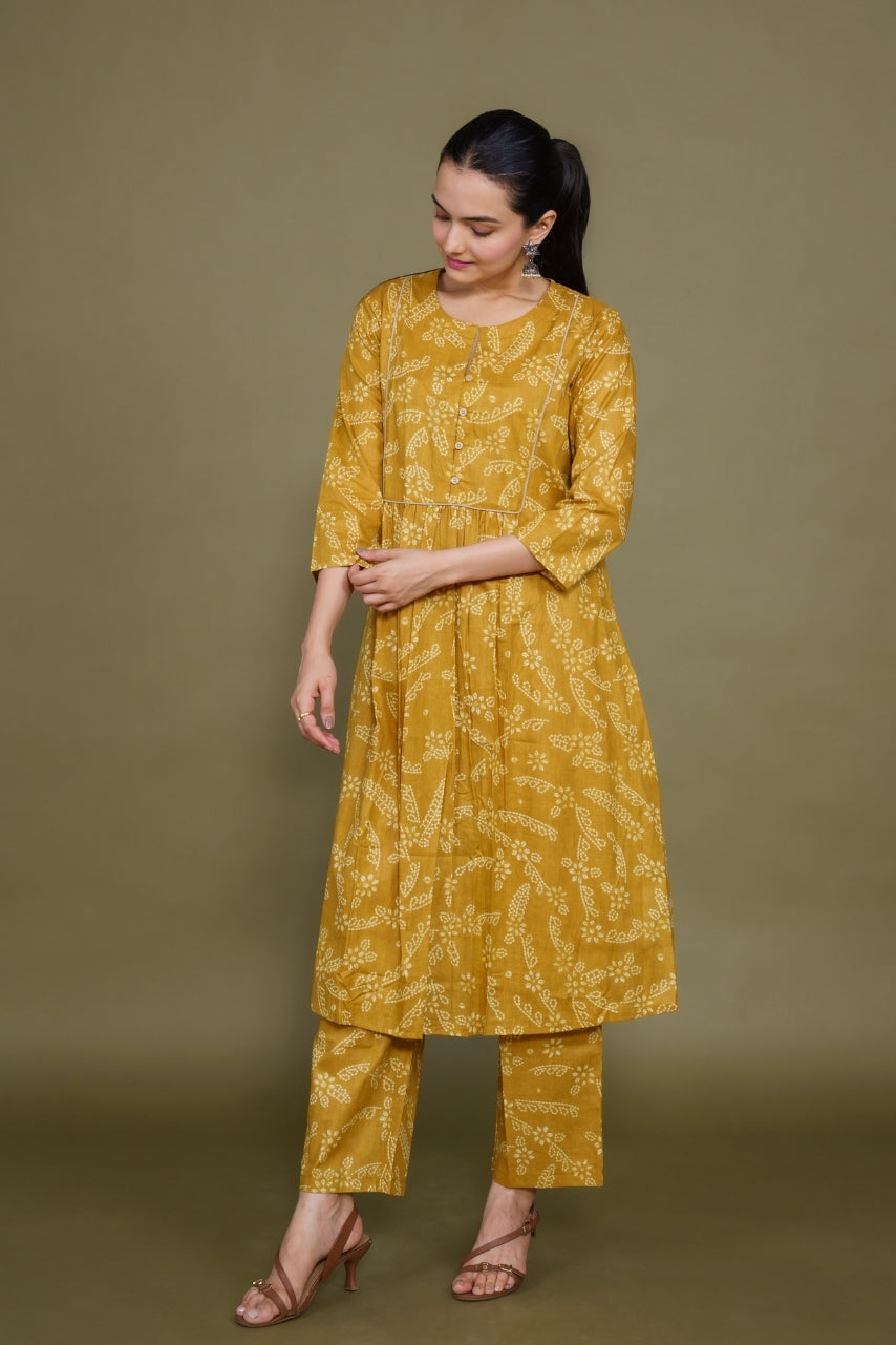 Women mustard floral designer printed cotton co-ord set lounge wear, front view