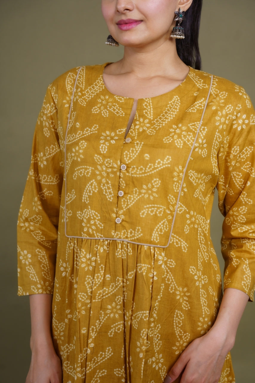 Women mustard floral designer printed cotton co-ord set lounge wear, detailed view