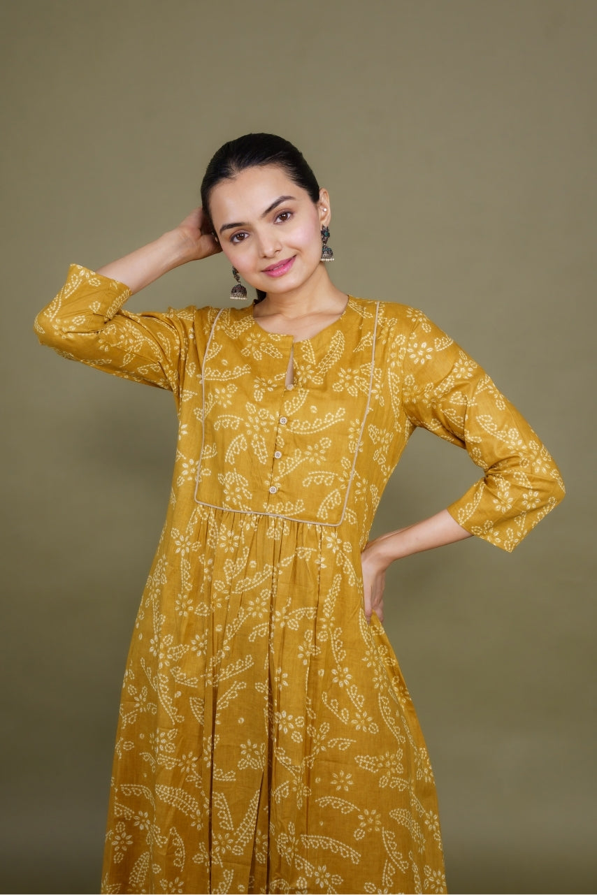 Women mustard floral designer printed cotton co-ord set lounge wear, front view 2