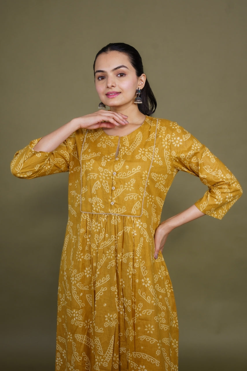 Women mustard floral designer printed cotton co-ord set lounge wear, front view 4