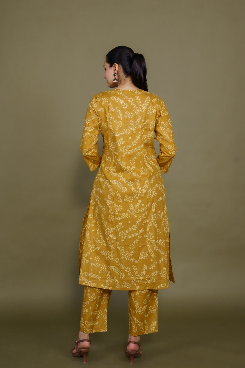 Women mustard floral designer printed cotton co-ord set lounge wear, back view