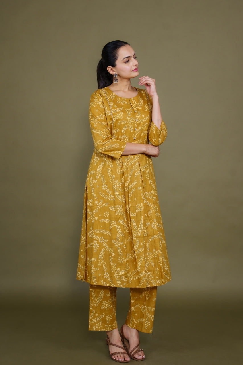 Women mustard floral designer printed cotton co-ord set lounge wear, front view 5