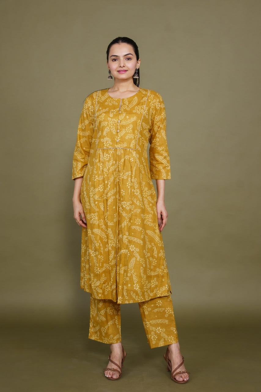 Women mustard floral designer printed cotton co-ord set lounge wear, front view 6