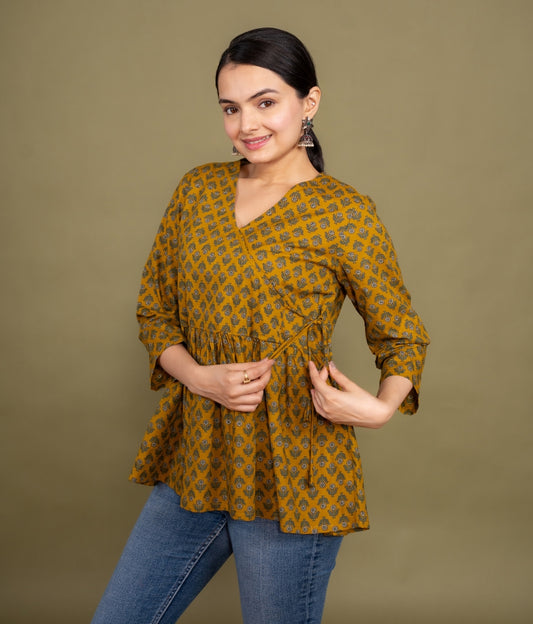 Women mustard floral angrakha printed cotton tunic top short kurti, front side view