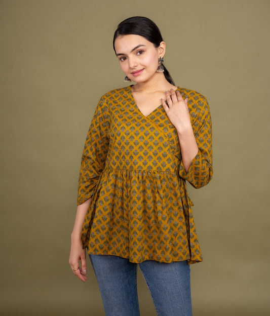 Women mustard floral angrakha printed cotton tunic top short kurti, front view 2