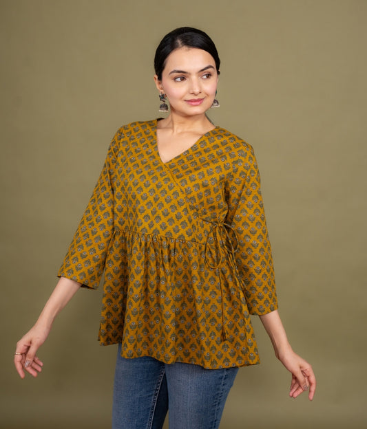 Women mustard floral angrakha printed cotton tunic top short kurti, side view
