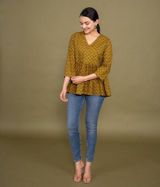 Women mustard floral angrakha printed cotton tunic top short kurti, front view 3