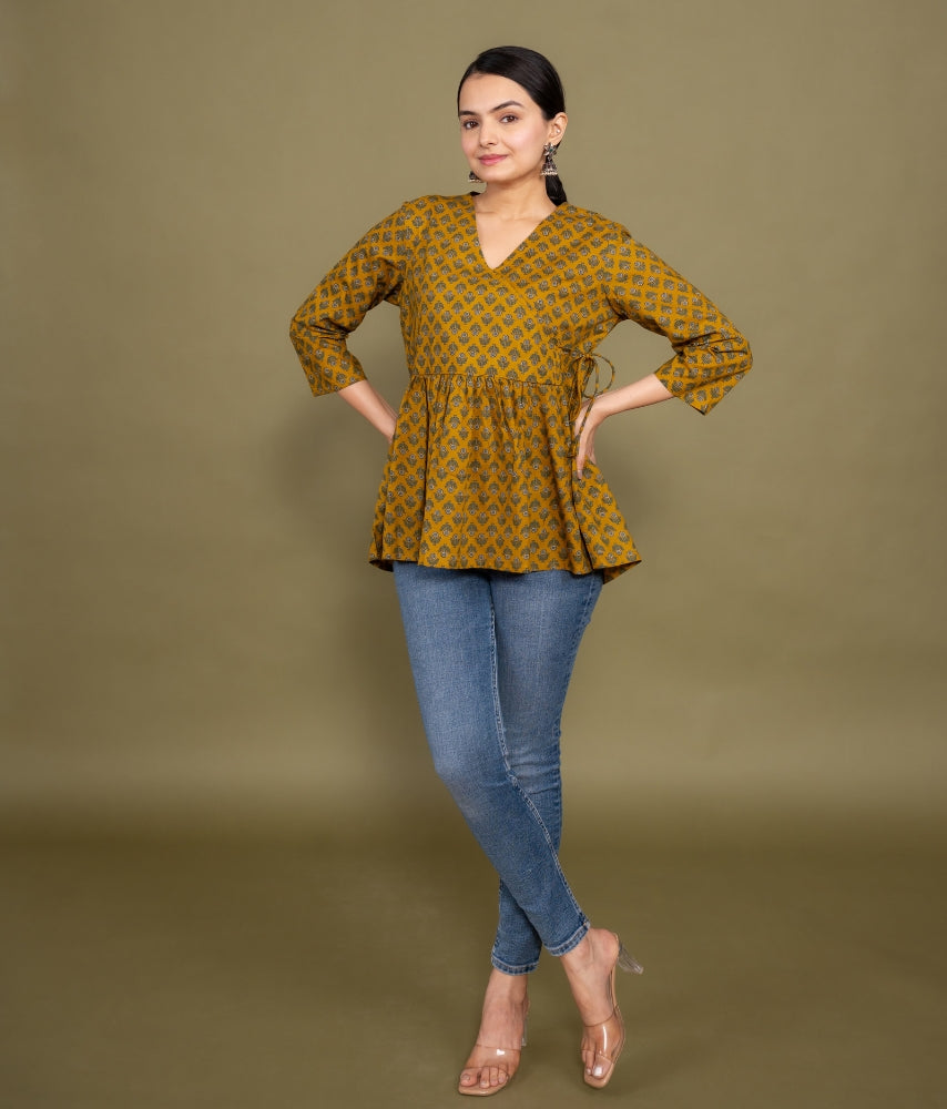 Women mustard floral angrakha printed cotton tunic top short kurti, front view 4