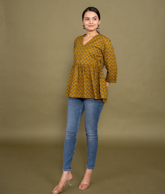 Women mustard floral angrakha printed cotton tunic top short kurti, side view 2